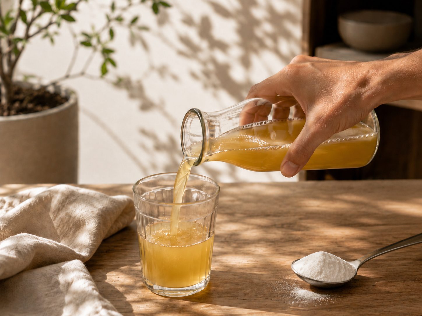 Eine Hand gießt ein goldenes Getränk in ein Glas, daneben ein Löffel mit Pulver auf einem Leinentuch