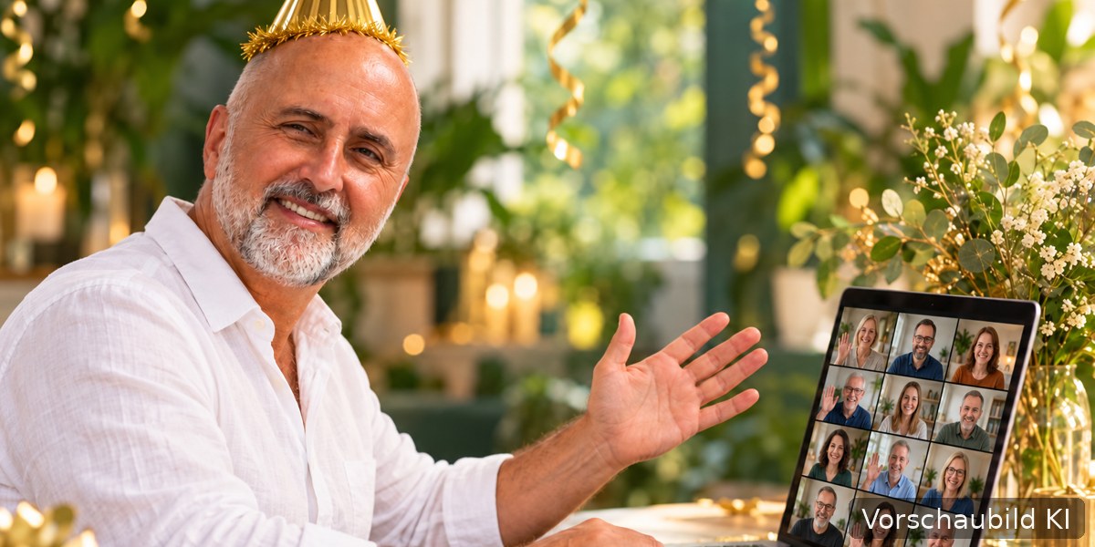 Holger mit Partyhut vor dem Laptop