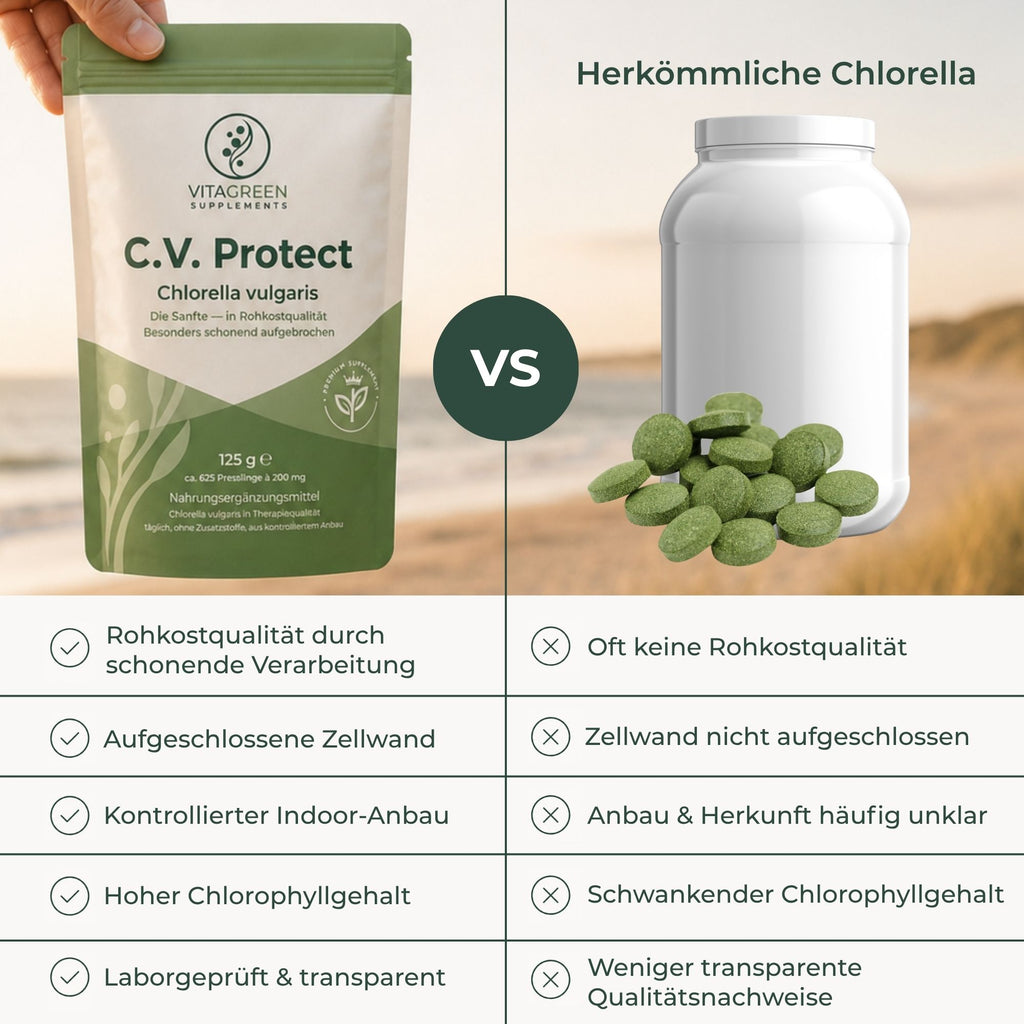C.V. Protect im Vergleich zu herkömmlicher Chlorella