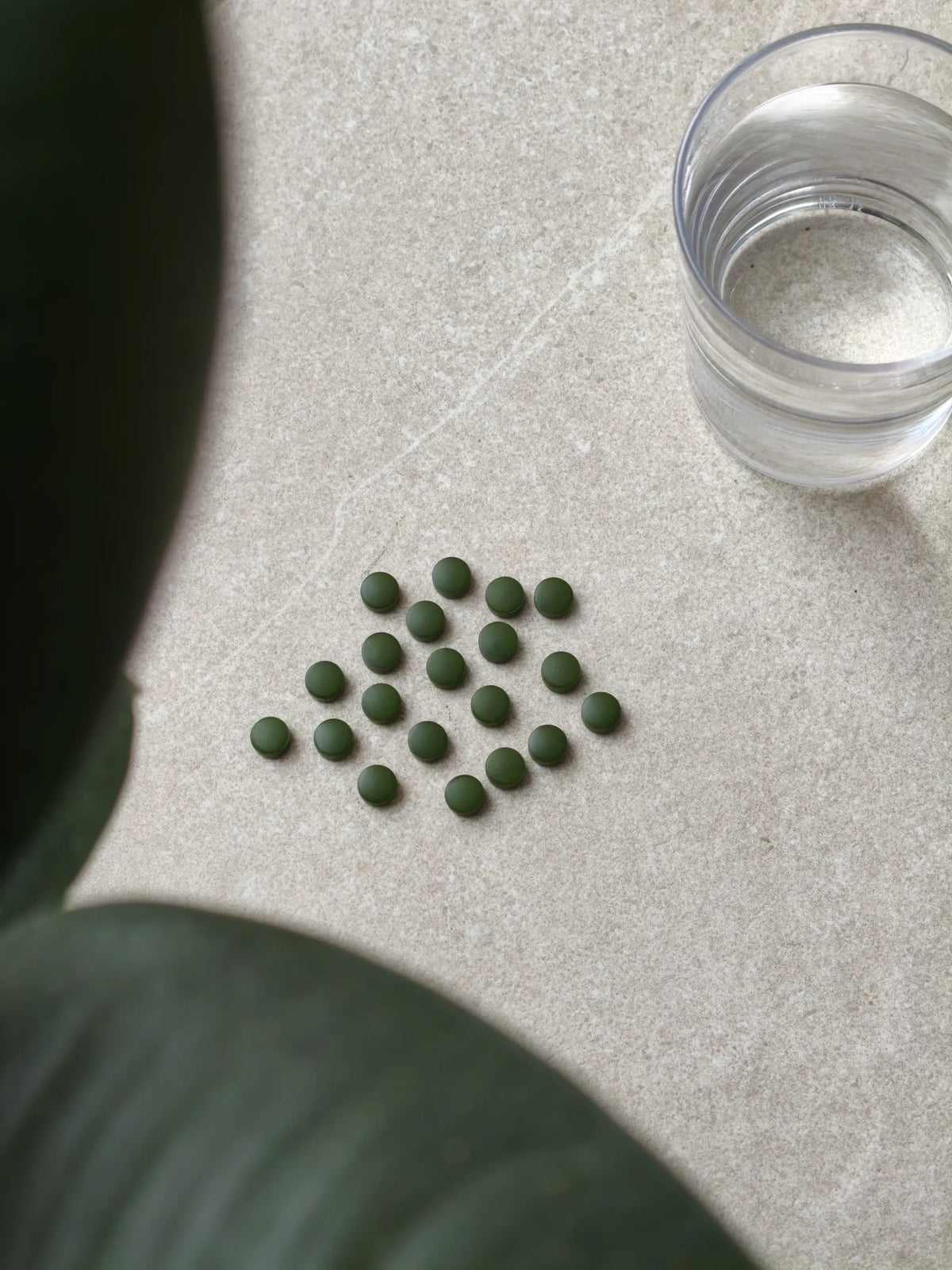 Chlorella Presslinge neben einem Glas Wasser auf hellem Stein