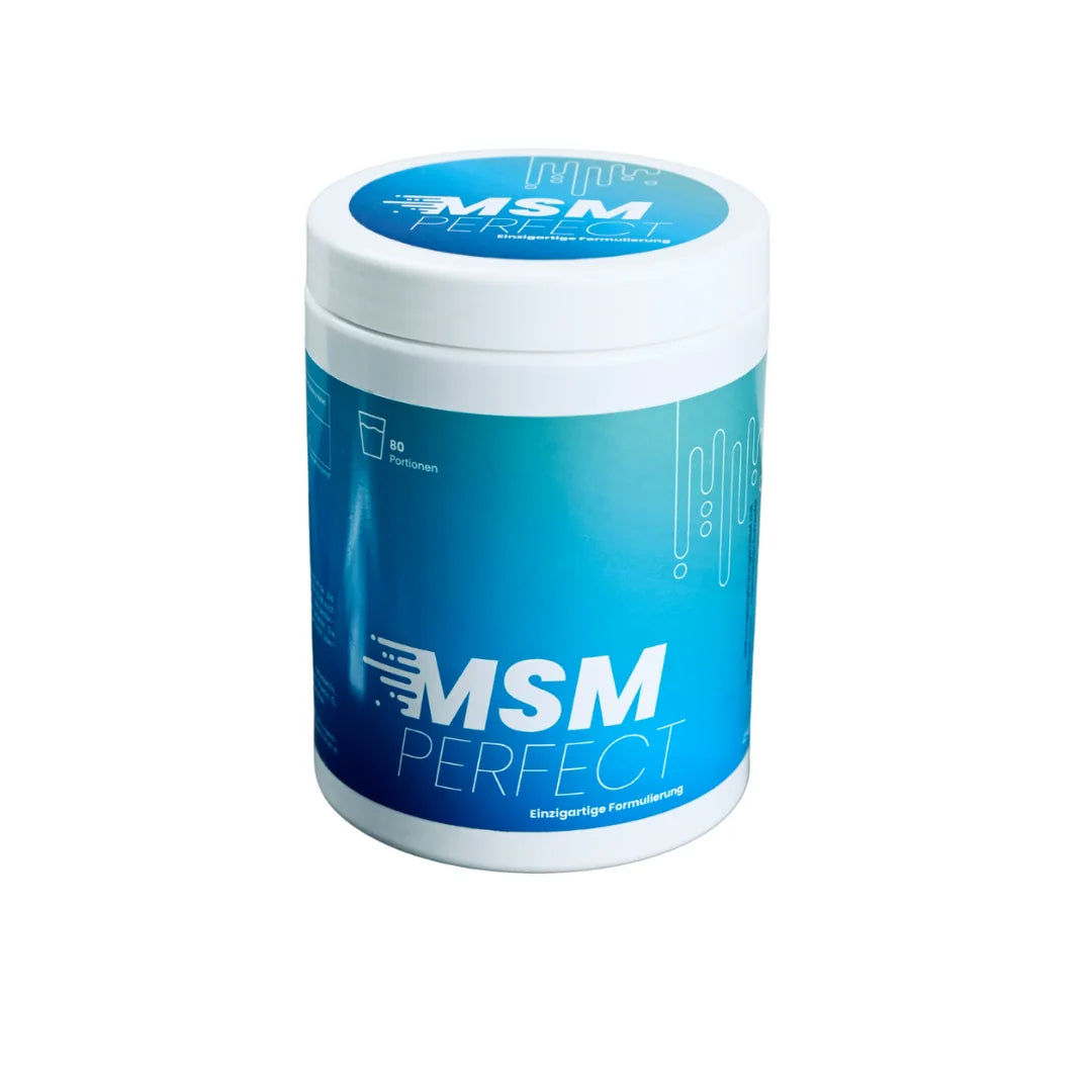 MSMperfect Dose, 454 g, blaue Dose mit MSMperfect Schriftzug