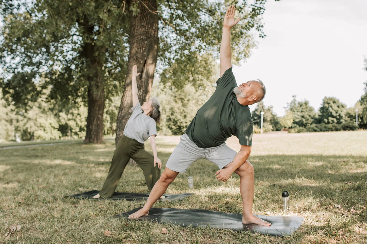 Älteres Paar macht Yoga-Dehnübungen auf Matten im Park