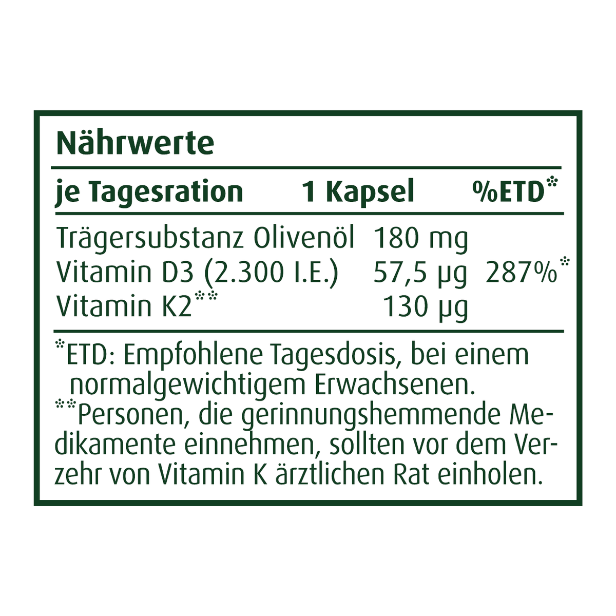 Naehrwerttabelle Vitamin D3 + K2