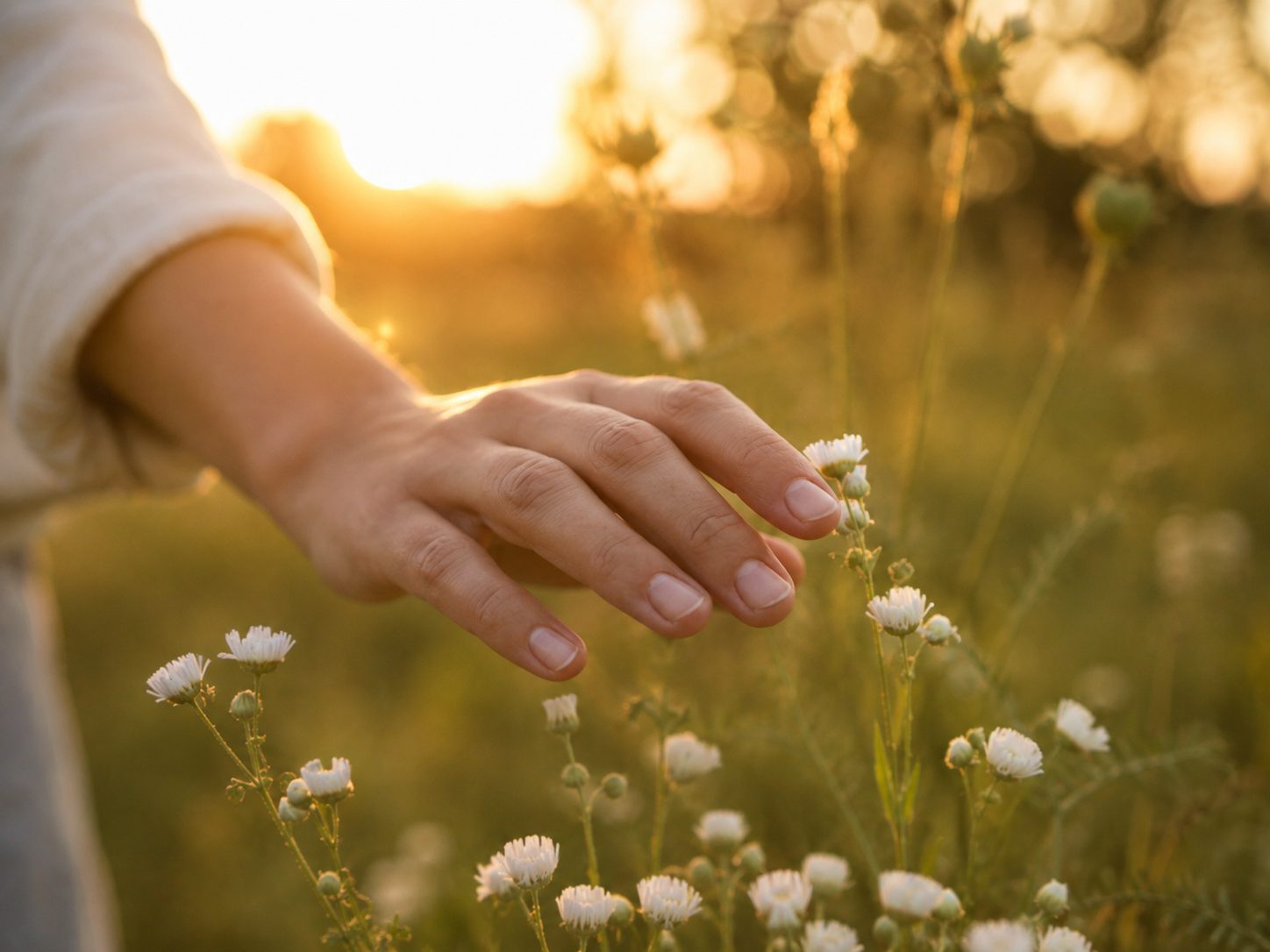 Eine Hand streift im warmen Abendlicht über Wildblumen in einer Wiese